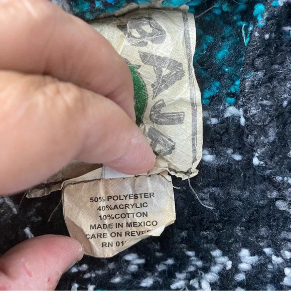 Baja Joe Mens Medium Hippie Drug Rug Pullover Hoodie Sweater Black and Teal/Aqua - Picture 5 of 7